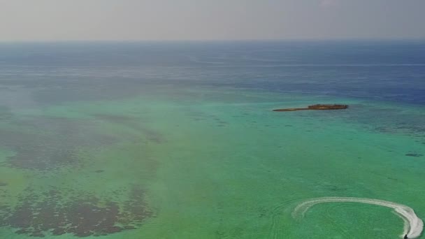 Εναέρια ταξίδια της χαλαρωτικής ακτογραμμής της άγριας ζωής παραλία από μπλε πράσινο ωκεανό με λευκό αμμώδη φόντο — Αρχείο Βίντεο