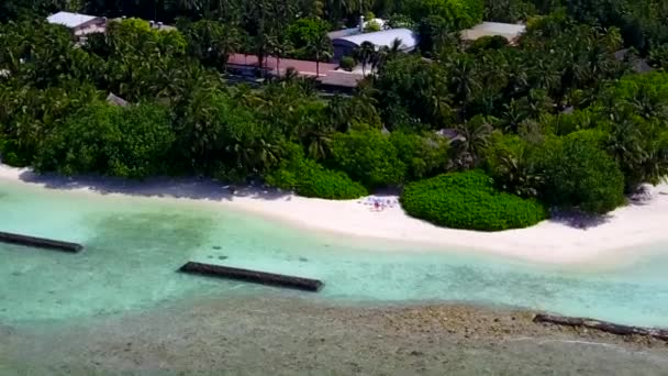 Aerial drone seascape of paradise island beach adventure by blue ocean with white sandy background — Stock Video