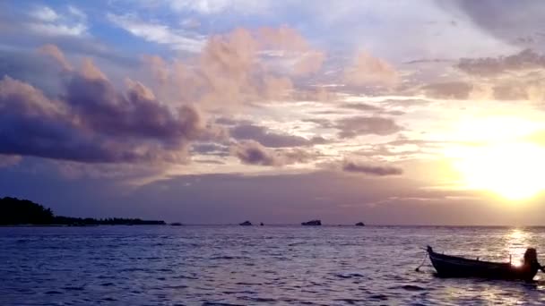 Drohnenfahrt des ruhigen Resorts Strand Tierwelt durch blaues Wasser mit weißem Sandhintergrund — Stockvideo