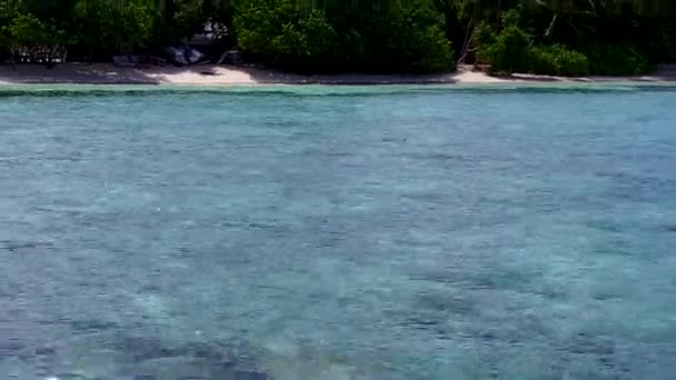 맑은 초호와 하얀 모래사장을 이용하여 평온 한 섬 해변 여행을 하는 공중 무인기 — 비디오