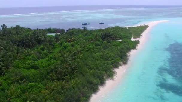 白い砂浜の背景を持つ明確なラグーンによる静かな海岸のビーチトリップの空中旅行 — ストック動画