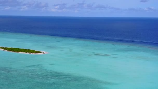 明るい砂の背景を持つ青いラグーンによる楽園の海岸の旅のドローン航空風景 — ストック動画