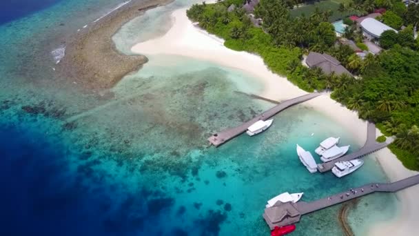 Resumen aéreo de relajantes vacaciones en la playa de la bahía por el océano azul con fondo de arena blanca — Vídeo de stock