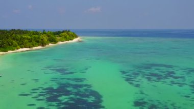 Rahatlatıcı sahil kıyısı yaban hayatının hava aracı gökyüzü. Temiz kum arka planına sahip mavi yeşil su.