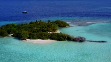 Gökyüzü manzaralı cennet gibi deniz kıyısı yaban hayatı. Mavi gölcüklü, beyaz kumlu arka plan.
