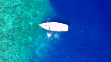 Mavi lagünün beyaz kum arka planlı cennet gibi turistik plaj maceralarının insansız hava aracı soyutlaması