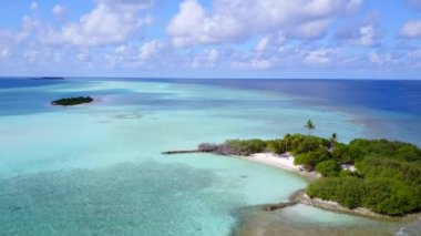 Mavi lagün ve beyaz kum arka planındaki mükemmel sahil kıyısı yaban hayatının insansız hava aracı doğası