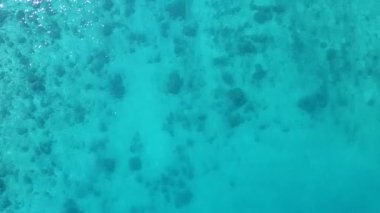 Su mavisi okyanus ve beyaz kum arka planının rahatlatıcı sahil plaj maceralarının hava manzarası