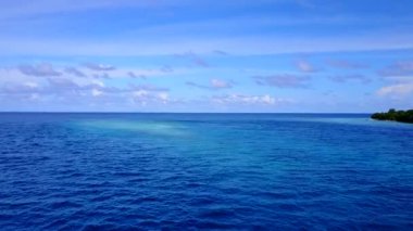 Lüks tatil köyünün insansız hava aracı görüntüsü. Beyaz kumlu arka planda mavi deniz kıyısında vahşi yaşam.