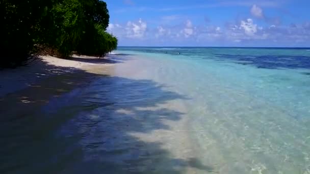 Widok z lotu ptaka charakter idyllicznej plaży wybrzeża przyrody przez niebieski ocean z białym tle piasku — Wideo stockowe