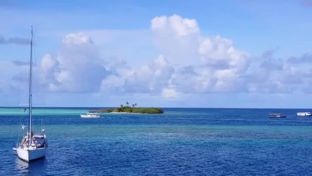 Beyaz kum arka planlı mavi okyanus kıyısındaki rahatlatıcı sahil yaban hayatının hava aracı manzarası. — Stok video