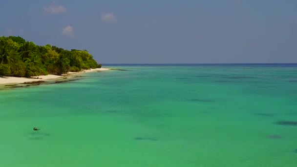 하얀 모래사장이 있는 푸른 대양을 타고 낙원 해변의 생활 방식을 하는 공중 드론 — 비디오