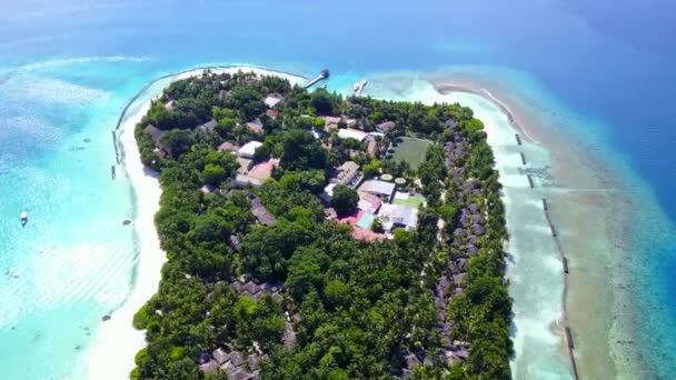 Viaje en avión no tripulado aéreo de la vida silvestre de playa del complejo marino por mar poco profundo con fondo de arena blanca — Vídeos de Stock