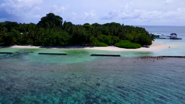 明るい砂浜の背景を持つ青い海による牧歌的な観光ビーチライフスタイルの航空旅行 — ストック動画