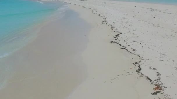 Aerial drone krajobraz spokojnej linii brzegowej plaży podróży przez aqua niebieski ocean i biały piasek tło — Wideo stockowe