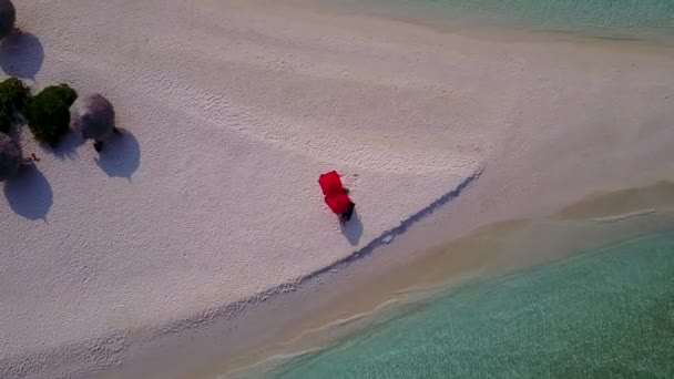 Mükemmel ada sahil tatilinin insansız hava aracı turizmi. Temiz kum arka planına sahip mavi yeşil deniz kıyısında. — Stok video