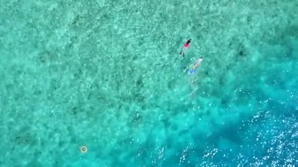 Повітряна панорама дрона спокійного пляжного подорожі на бірюзовому морі з яскравим піщаним фоном — стокове відео