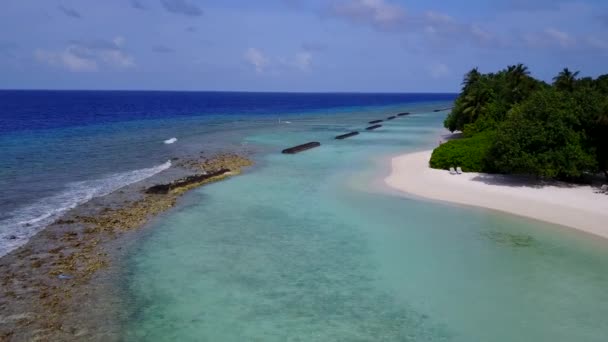 Drone ουρανό της ειδυλλιακής άγριας ζωής παραλία παραλία από μπλε λιμνοθάλασσα και λευκό φόντο άμμο — Αρχείο Βίντεο