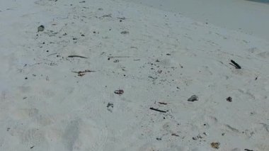 Sükunet adasının geniş açılı doğası kumsalın yakınındaki beyaz kum arka planına sahip sığ deniz tarafından kırılıyor.