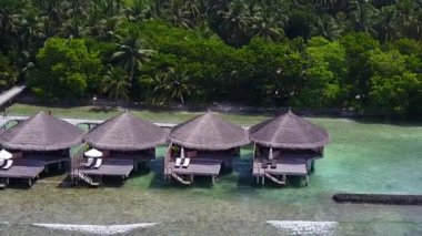 Tropikal turist plajının ılık manzarası, sahil kenarındaki temiz kum arka planına sahip şeffaf lagünün yanından geçiyor.