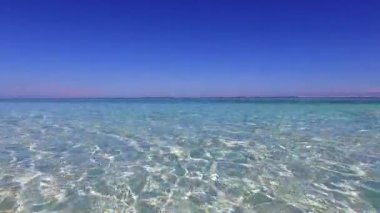 Mavi okyanus kıyısındaki deniz turistlerinin boş doğası. Palmiyelerin yanında beyaz kum arka planı var.
