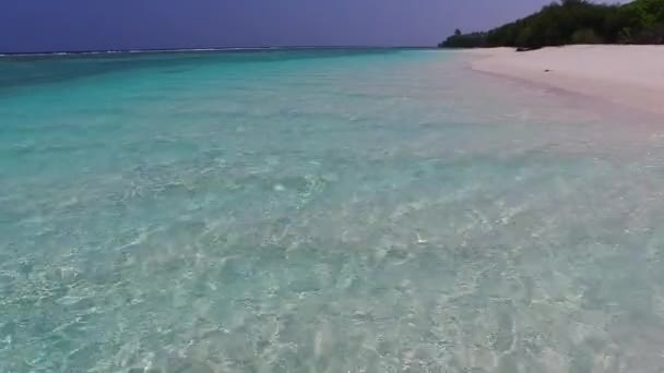 Летнее путешествие класса люкс с видом на море по сине-зеленой лагуне на белом песчаном фоне рядом с пальмами — стоковое видео