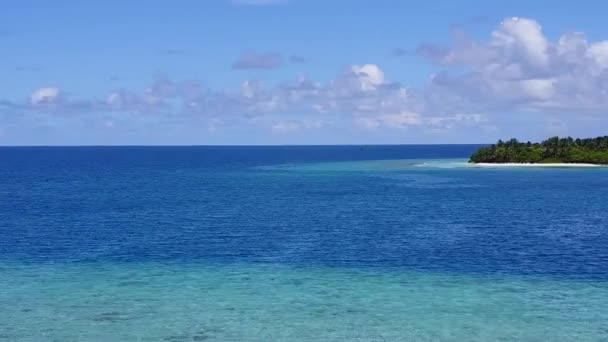 澄んだ海ときれいな砂の背景によって牧歌的な湾のビーチの野生動物の空中ドローンパノラマ — ストック動画