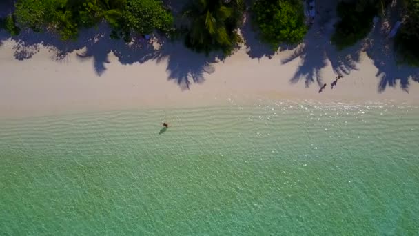 Solfylte landskap med eksotisk strandliv ved gjennomsiktig lagune og hvit sandbakgrunn før solnedgang – stockvideo