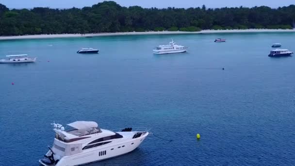 Brede hoek textuur van het paradijs eiland strand flora en fauna door blauwe lagune met schone zandachtergrond in de buurt van rif — Stockvideo