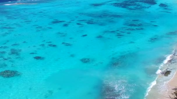 Texture ensoleillée de plage idyllique au bord de la mer voyage par l'océan bleu aqua avec fond sablonneux blanc près du banc de sable — Video