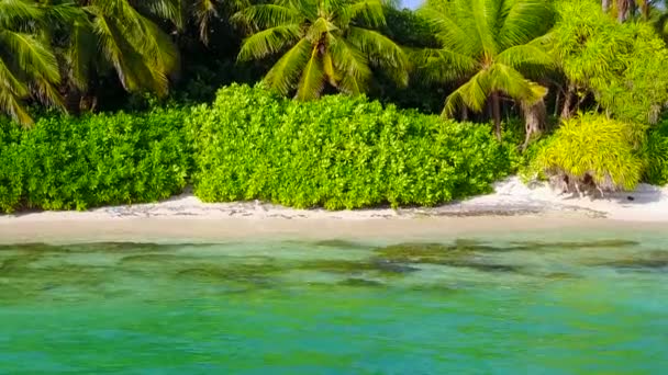 Copiar el viaje espacial de la tranquila laguna viaje de playa por azul océano verde con fondo de arena blanca cerca del arrecife — Vídeos de Stock