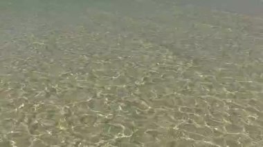 Güzel sahil sahilinin güneşli deniz manzarası berrak deniz ve güneş doğduktan sonra beyaz kum arkaplanı tarafından kırılır.