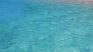 Mavi su kenarında egzotik deniz manzaralı sıcak bir manzara ve palmiyelerin yanında beyaz kum arka planı.