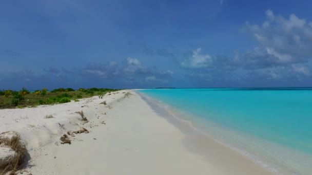 Tropikal deniz manzaralı plaj yolculuğunun güneşli dokusu şeffaf deniz kenarında, palmiyelerin yanında beyaz kumlu arka plan — Stok video