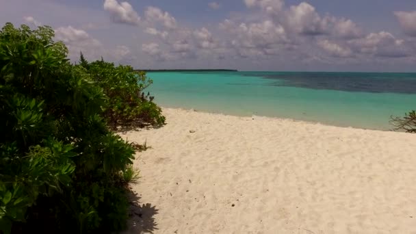 Ευρεία γωνία αφηρημένη όμορφη παραλία νησί διάλειμμα από μπλε πράσινο ωκεανό με λευκή άμμο φόντο κοντά surf — Αρχείο Βίντεο