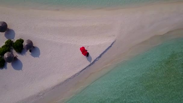 Sonnige Landschaft mit schönem Meerblick Strand Pause von blauem Meer und weißem Sand Hintergrund in der Nähe von Palmen — Stockvideo