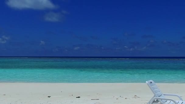 Tropikal sahil yaban hayatının turizmini, tatil köyü yakınlarında beyaz kum arka planına sahip mavi yeşil okyanus kıyısında kapatın. — Stok video