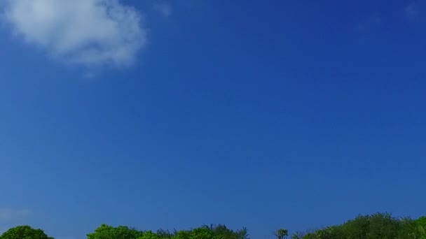 青い海とサンゴ礁の近くの白い砂浜の背景による熱帯ラグーンのビーチの休日の夏のパノラマ — ストック動画