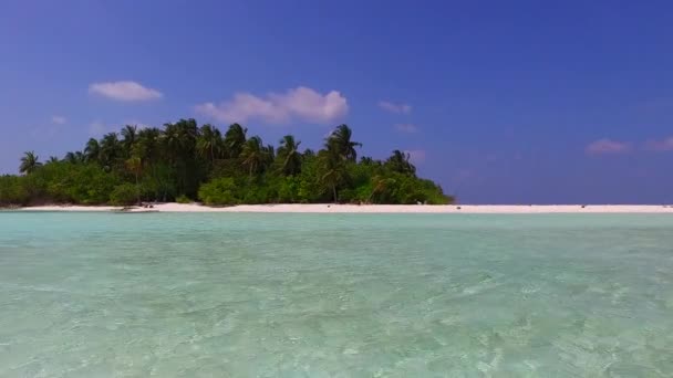 Kopiuj przestrzeń panorama egzotycznej laguny plaża dzika przyroda przez błękitne morze z białym tle piasku w pobliżu palm — Wideo stockowe