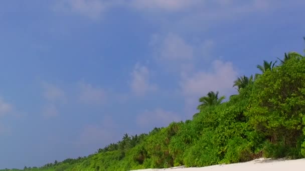 Теплі пейзажі спокійного пляжного способу життя на блакитному океані і чистий піщаний фон біля піщаного берега — стокове відео