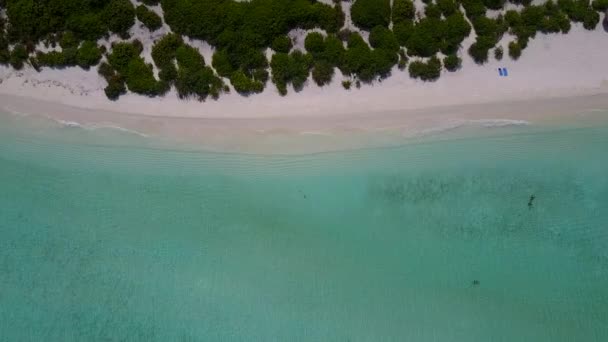 Солнечный пляж спокойного острова на голубом море и белом песчаном фоне у рифа — стоковое видео