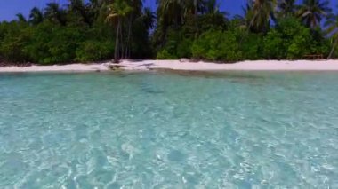 Cennet sahili sahil yaban hayatının deniz manzarasını taklit et. Su mavisi lagün ve güneş doğduktan sonra beyaz kum arka planı.