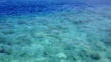 Güzel sahil tatilinin boş seyahati. Mavi deniz kıyısında. Palmiyelerin yanında beyaz kumlu arka plan.