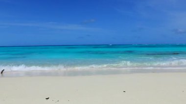 Mavi okyanus ve beyaz kumlu arka planda sakin turist plajı yaşam tarzının insansız hava aracı yolculuğu