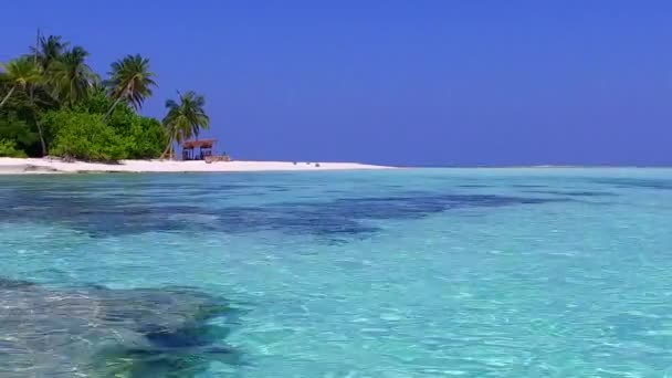 Romantisch toerisme van rustige kust strand breken door transparante oceaan met witte zandachtergrond in de buurt van palmen — Stockvideo