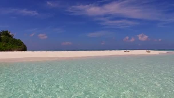 太陽の下で明確なラグーンと白い砂の背景によってエキゾチックな湾のビーチトリップの宇宙旅行をコピー — ストック動画