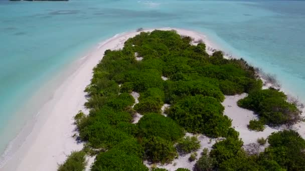 波の近くに白い砂の背景を持つターコイズブルーのラグーンによる熱帯観光ビーチの旅の広い角度テクスチャ — ストック動画