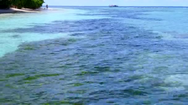 Ζεστό τοπίο χαλαρωτικό ταξίδι με θέα στη θάλασσα από καθαρή θάλασσα και λευκή άμμο φόντο κοντά σε κύματα — Αρχείο Βίντεο