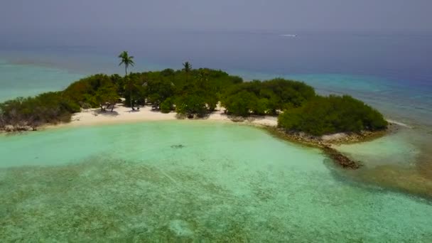 Paisaje diurno de costa tranquila tiempo de playa por mar verde azul con fondo arenoso brillante cerca de surf — Vídeos de Stock