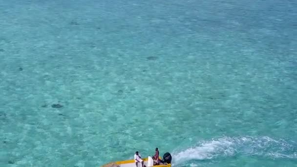 Wide angle sky of perfect bay beach adventure by aqua blue sea with bright sand background near reef — Stock Video